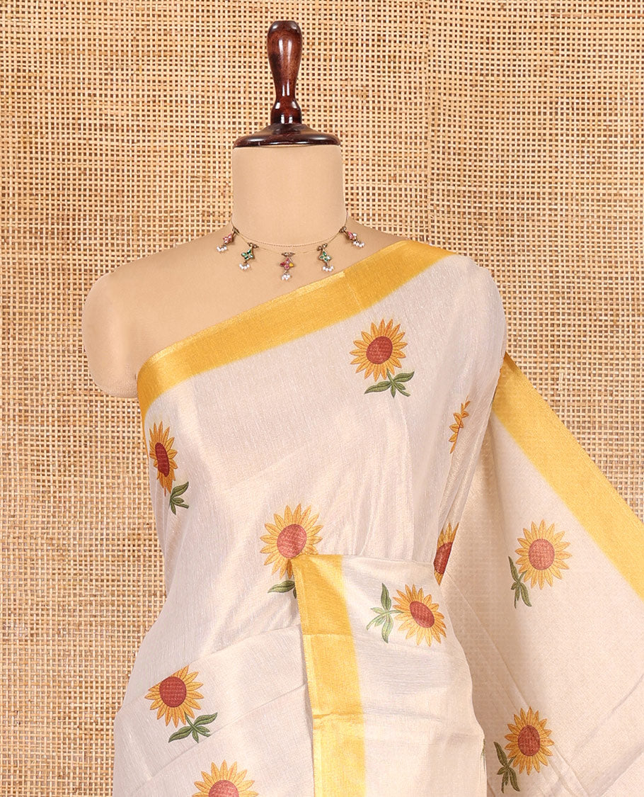 Gold Tissue Saree, Prettified with Sunflower Print, a Contrast Border, and a Contrast Blouse