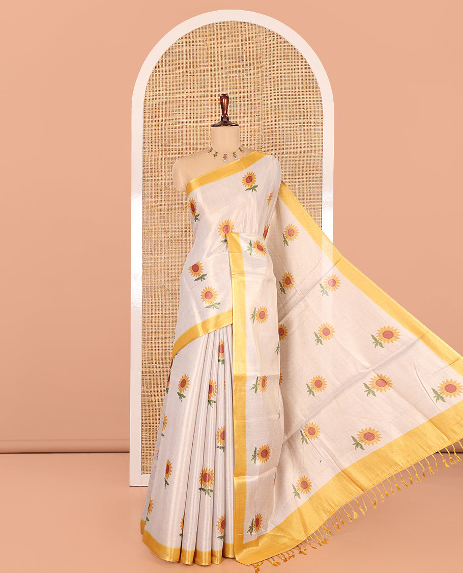 Gold Tissue Saree, Prettified with Sunflower Print, a Contrast Border, and a Contrast Blouse
