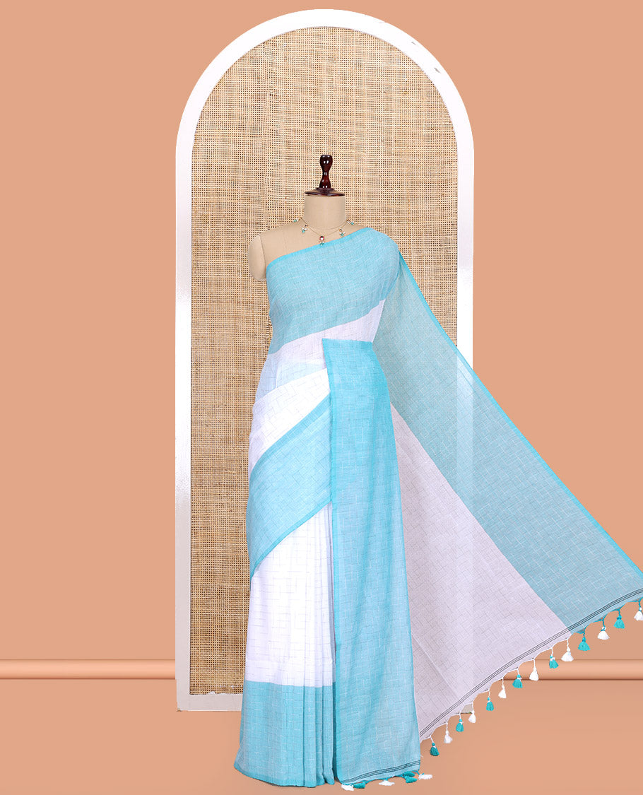 White-Blue Khadi Mul Cotton Saree, Subtly Sparkled with Geometric Print, Complemented by a Contrast Border, and No Blouse