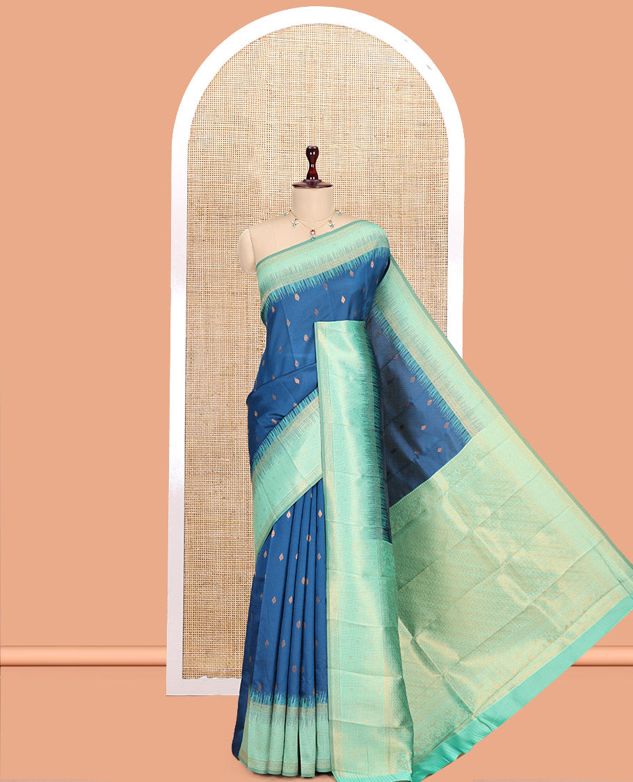 Blue Art Kanchi Silk Saree, Adorned with Buttas, a Contrast Traditional Zari Border, Intricate Pallu, and a Contrast Blouse