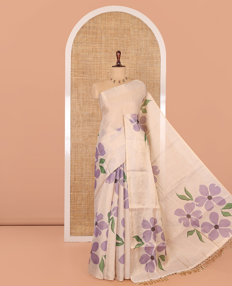 Borderless Cream-Blue Tissue Saree Features Floral Print, a Floral Printed Pallu, and a Contrast Blouse