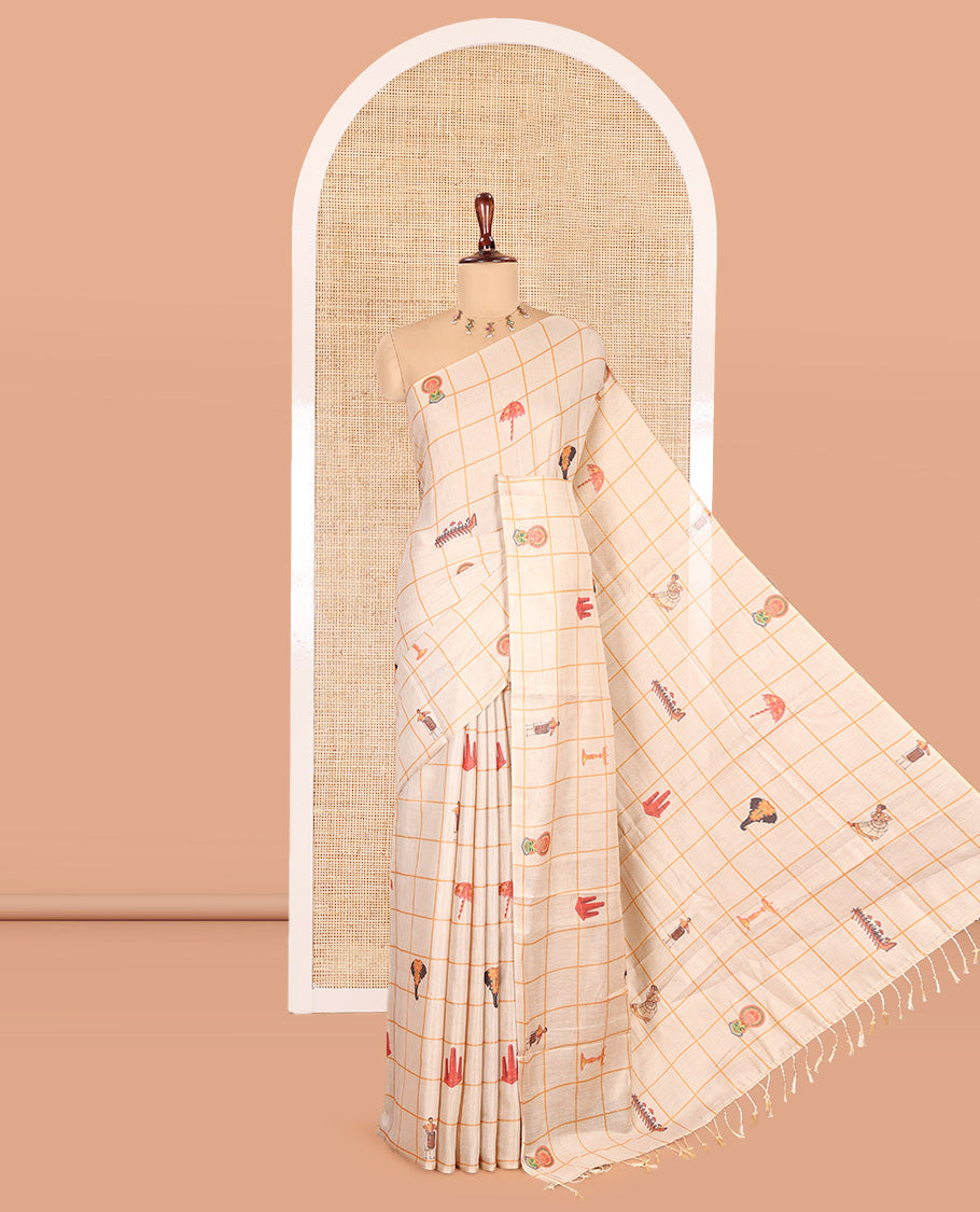 Borderless Gold Tissue Saree, Adorned with a Kerala-Themed Motif of Enclosed Checks and a Matching Blouse