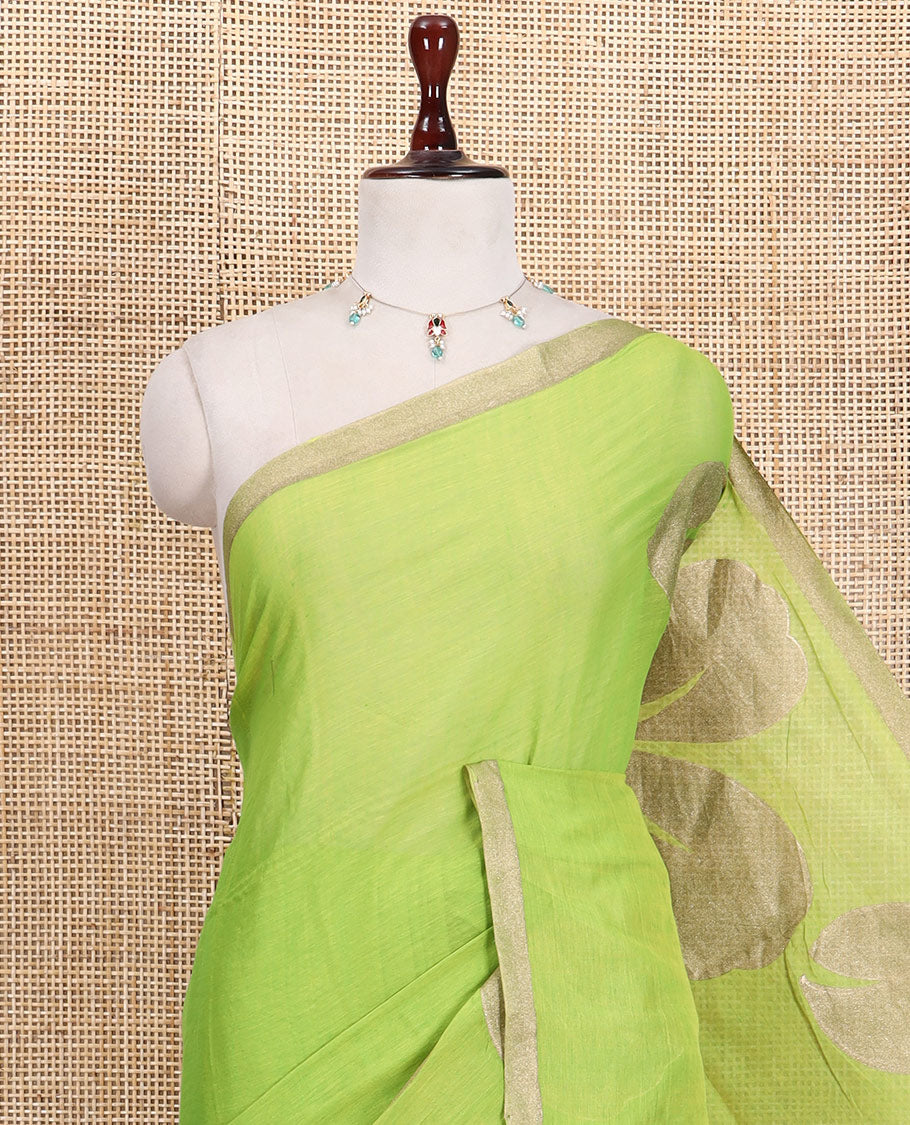 Parrot Green Khadi Mul Cotton Saree Features Floral Motifs Glitter-Print, a Piping Border, and a Matching Blouse