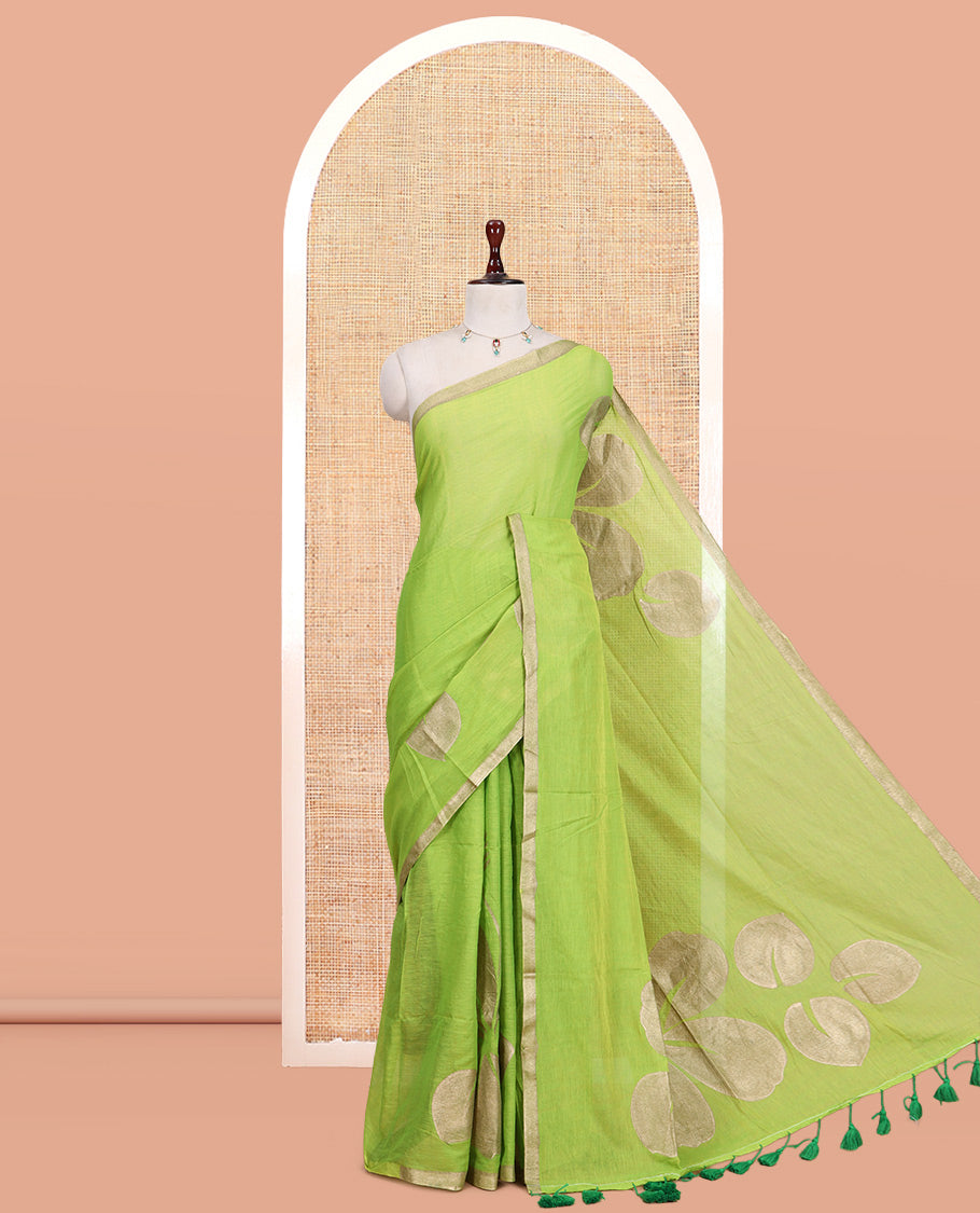 Parrot Green Khadi Mul Cotton Saree Features Floral Motifs Glitter-Print, a Piping Border, and a Matching Blouse