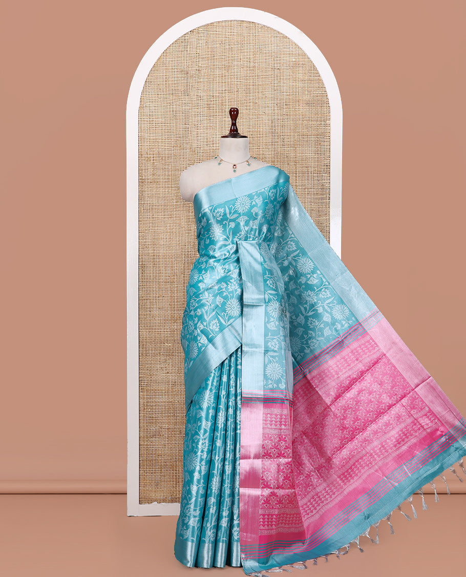 Blue Tissue Cotton Saree Features Floral Vine Design, a Zari Border, Contrast Intricate Pallu, and a Contrast Blouse