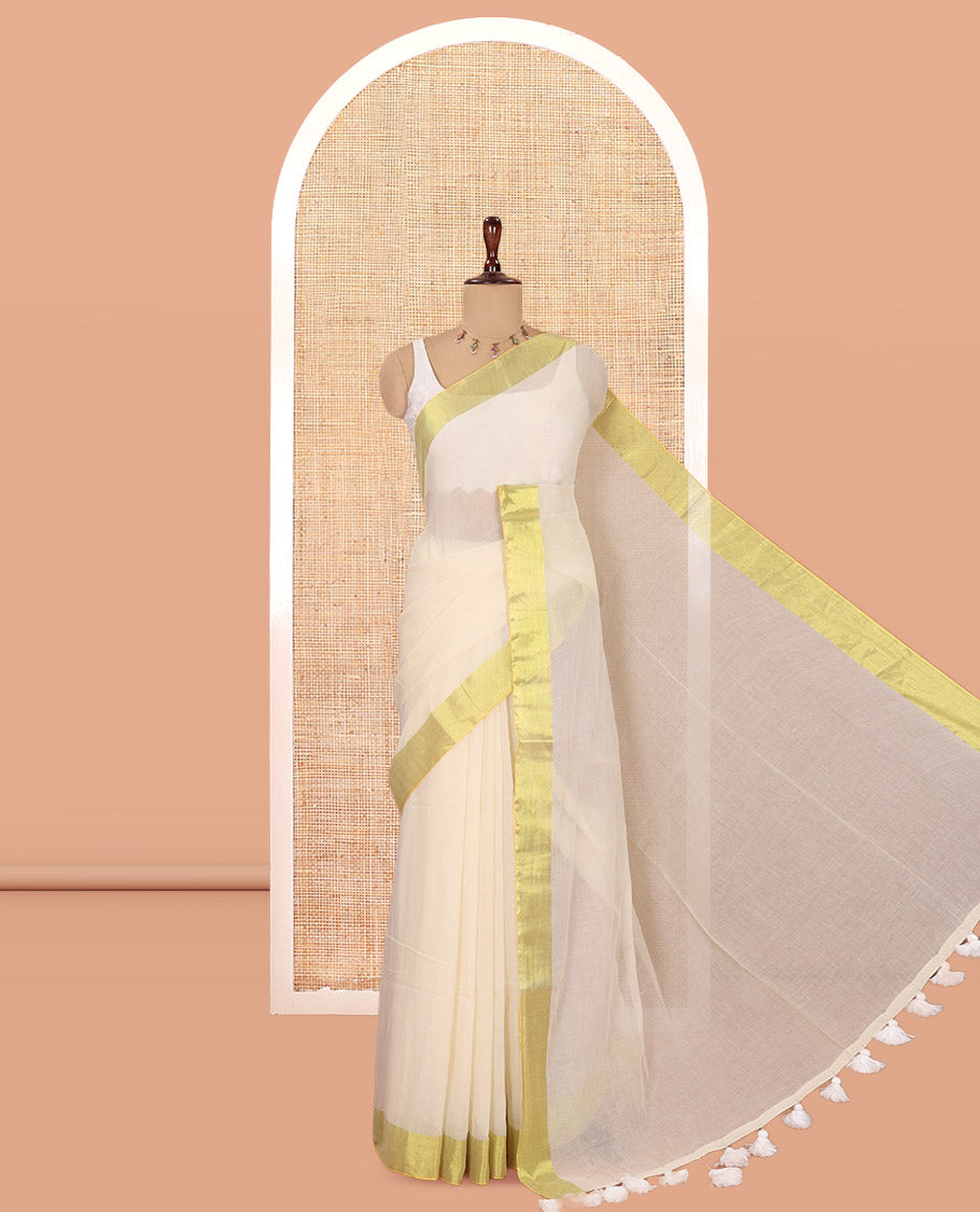 Cream Plain Khadi Mul Cotton Saree, a Gleaming Gold Zari Border, a Self-Pallu, and No Blouse