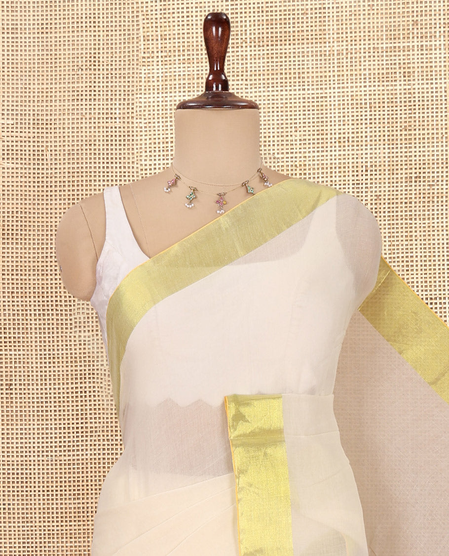 Cream Plain Khadi Mul Cotton Saree, a Gleaming Gold Zari Border, a Self-Pallu, and No Blouse
