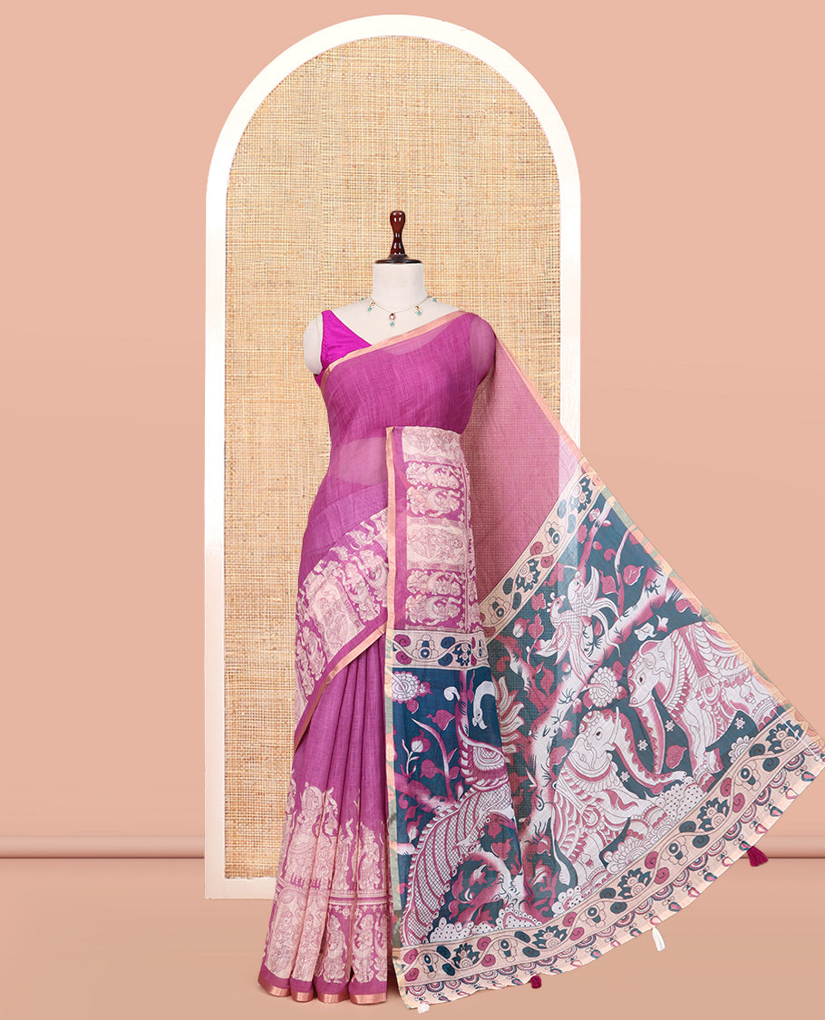 Onion Pink Linen Cotton Saree Features Kalamkari-Style Human Motifs Print, a Piping Border, Contrast Printed Pallu, and Contrast Blouse