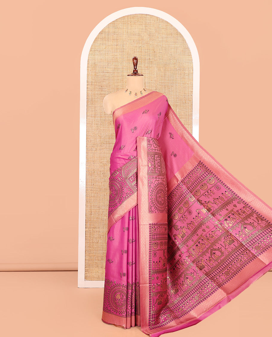 Pink Satin Silk Saree, Adorned with Warli Motif Print, Highlighted by Warli Printed Zari Border, Warli-Village Palllu, and a Matching Blouse