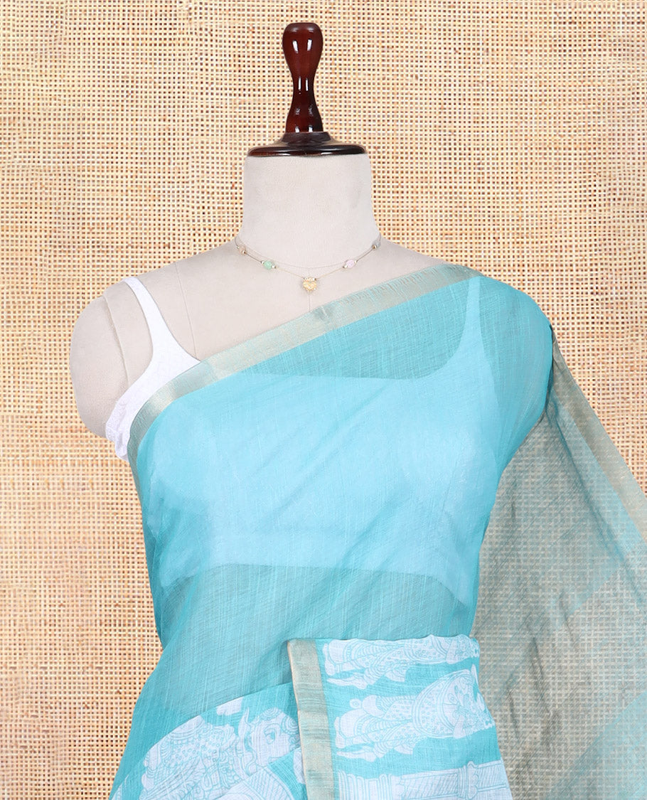 Teal Blue Linen Cotton Saree Features Kalamkari Human Figurines, a Piping Border, Kalamkari Pallu, Contrast Blouse
