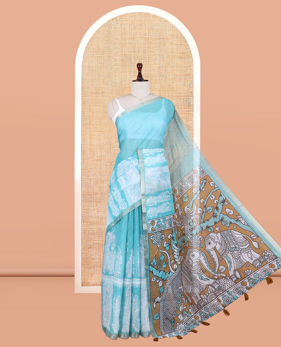 Teal Blue Linen Cotton Saree Features Kalamkari Human Figurines, a Piping Border, Kalamkari Pallu, Contrast Blouse