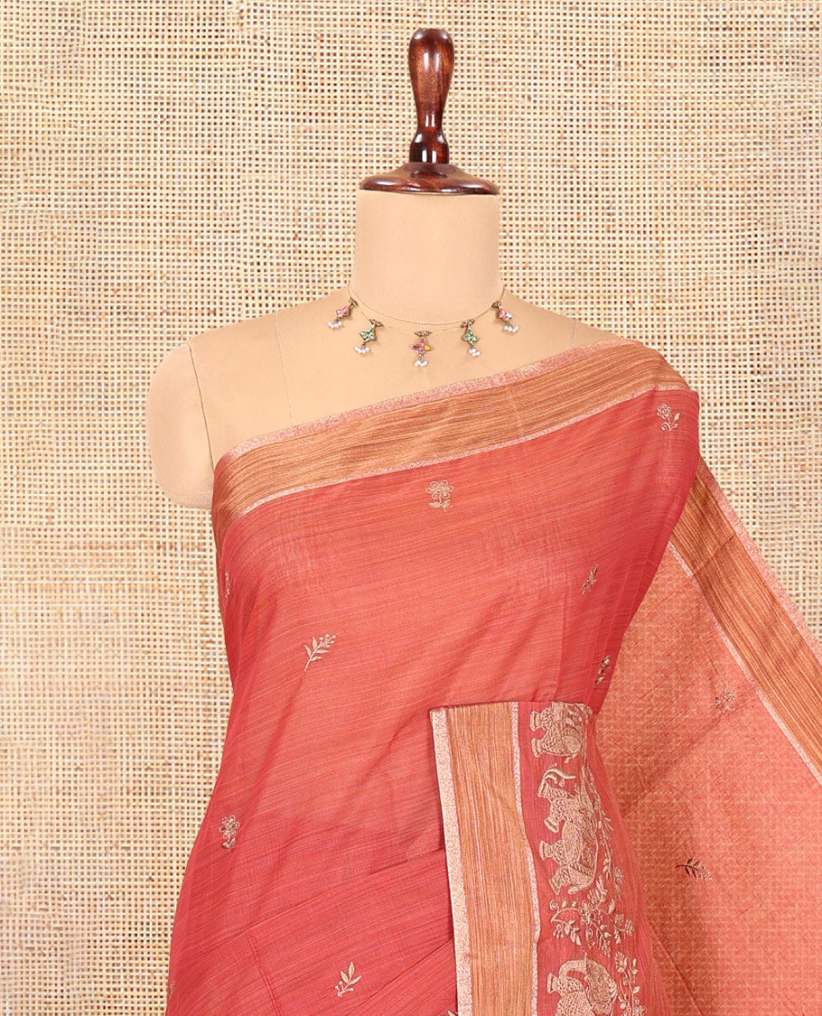 Rust Chanderi Cotton Saree Features Floral-Elephant Embroidery, a Contrast Border, and a Matching Blouse