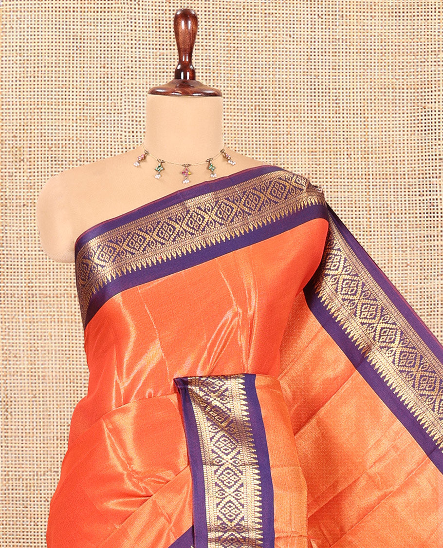 Rust Orange Plain Tissue Cotton Saree, Contrast Traditional Border, Striped Pallu, and Contrast Blouse