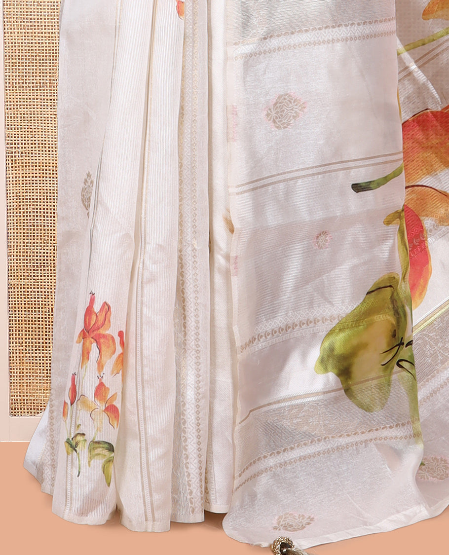 Borderless Cream Semi-Tussar Saree Features Zari Stripes and Floral Print, a Self-Pallu, Matching Blouse