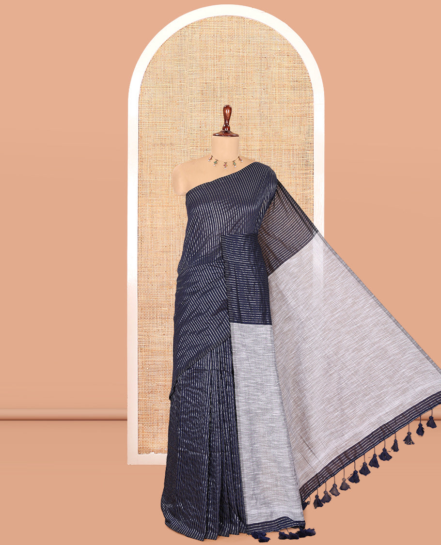 Borderless Navy Blue Zari Striped Khadi Cotton Saree, Contrast Pallu, and No Blouse