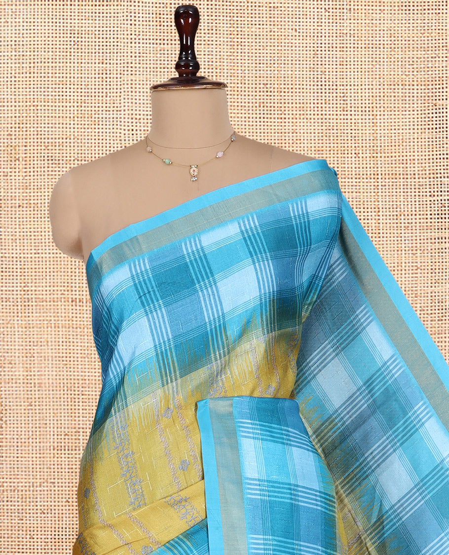 Yellow Floral Design Manipuri Silk Saree, Contrast Checked Border, Mughal-Style Pallu, Contrast Blouse