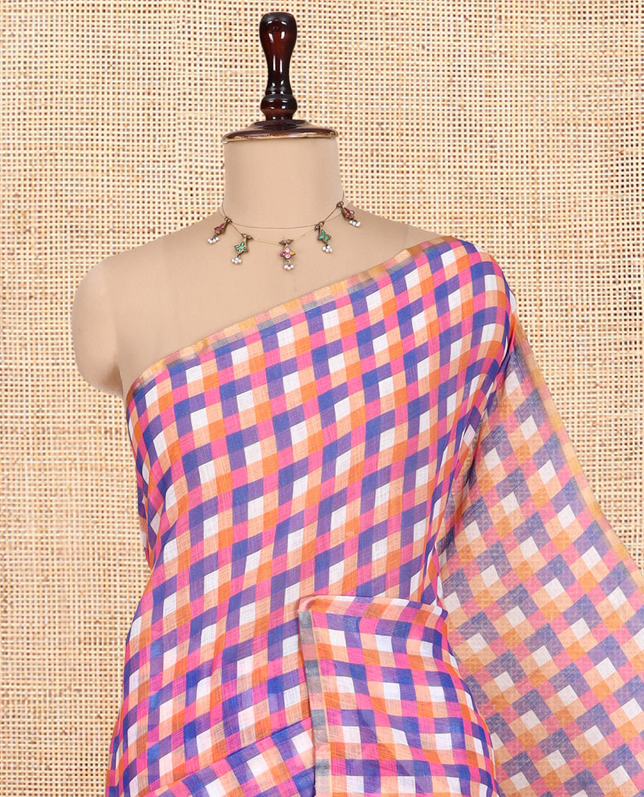 Borderless Orange-Royal Blue Checked Linen Cotton Saree, and Contrast Blouse