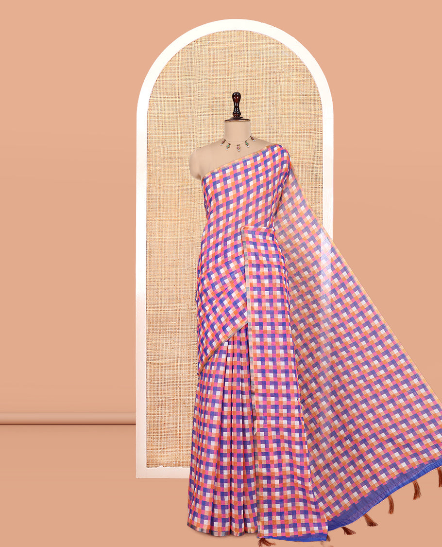 Borderless Orange-Royal Blue Checked Linen Cotton Saree, and Contrast Blouse