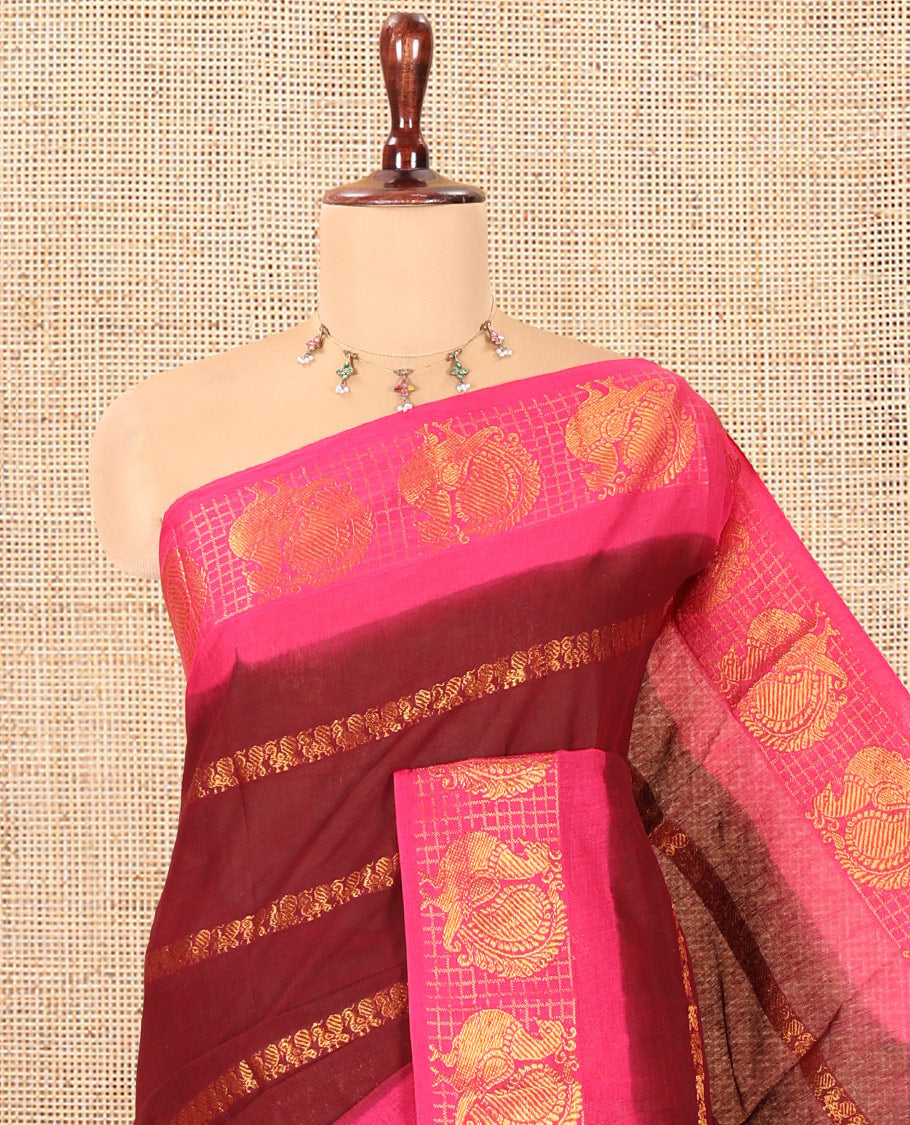 Maroon Peacock Buttas Sungudi Cotton Saree, Contrast Checked Peacock Border, Contrast Blouse