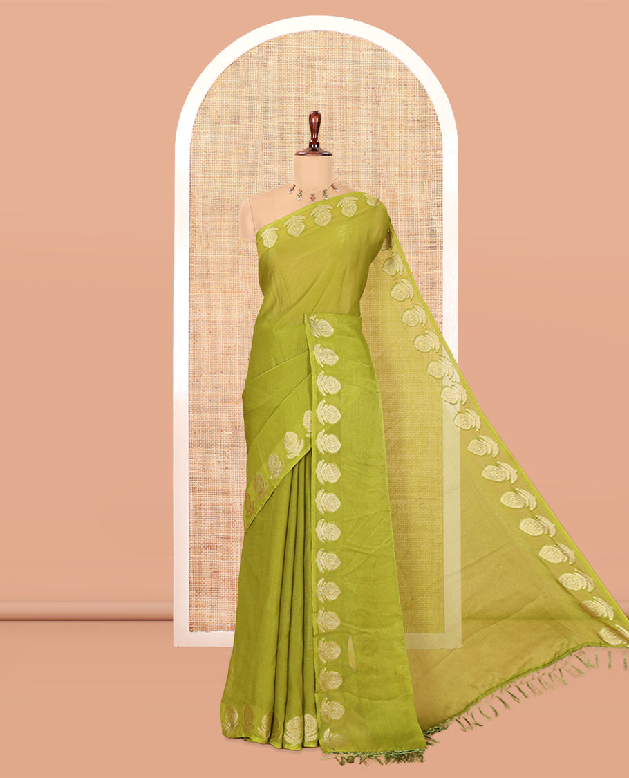 Green Plain Moss Chiffon Saree, Highlighted by Gold Zari Floral Border, and a Self-Pallu