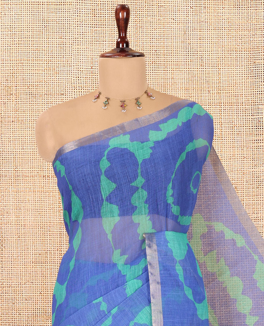 Royal Blue Shibori Printed Linen Cotton Saree, a Piping Border, Floral Pallu, and a Contrast Blouse
