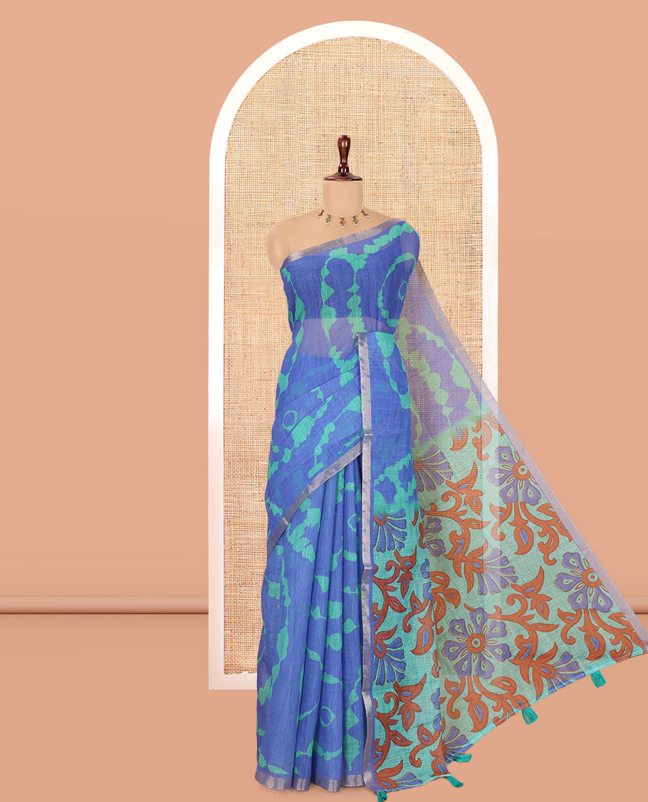 Royal Blue Shibori Printed Linen Cotton Saree, a Piping Border, Floral Pallu, and a Contrast Blouse
