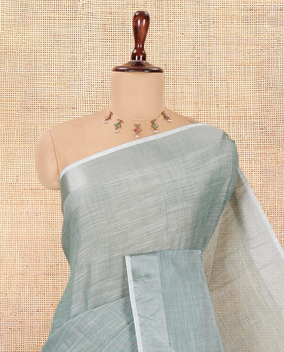 Green Plain Linen-Cotton Saree, a Zari Border, Striped Pallu, and a Matching Blouse
