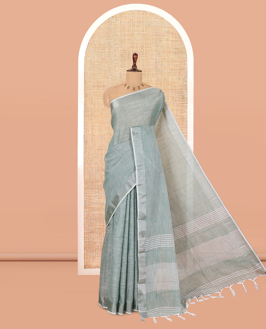 Green Plain Linen-Cotton Saree, a Zari Border, Striped Pallu, and a Matching Blouse