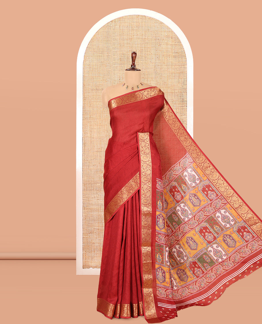 Maroon Embossed Moss Chiffon Saree, a Zari Floral-Paisley Vine Border, Contrast Mughal-Style Pallu, and a Matching Blouse