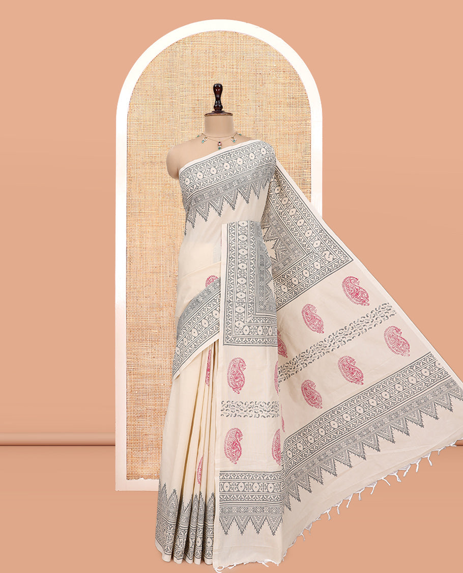Cream Paisley Printed South Cotton Saree, Comes with a Hand Block-Printed Border, a Matching and a Contrast Block-Printed Blouse