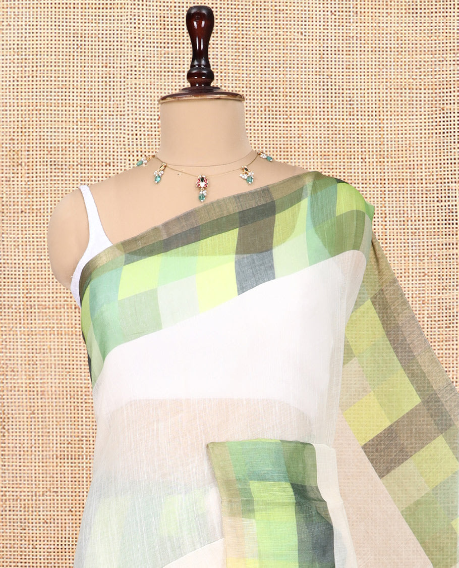 Cream-Green Plain Handloom Cotton Saree, a Contrast Checked Border, Checked Pallu, and a Contrast Blouse