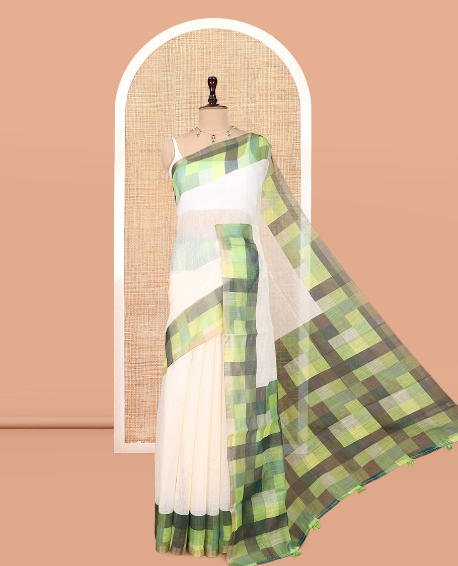Cream-Green Plain Handloom Cotton Saree, a Contrast Checked Border, Checked Pallu, and a Contrast Blouse