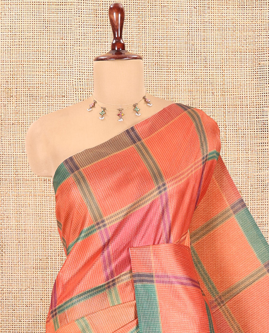 Borderless Rust Macro-Checked Katan Silk Saree, a Subtly Striped Pallu, and a Contrast Blouse