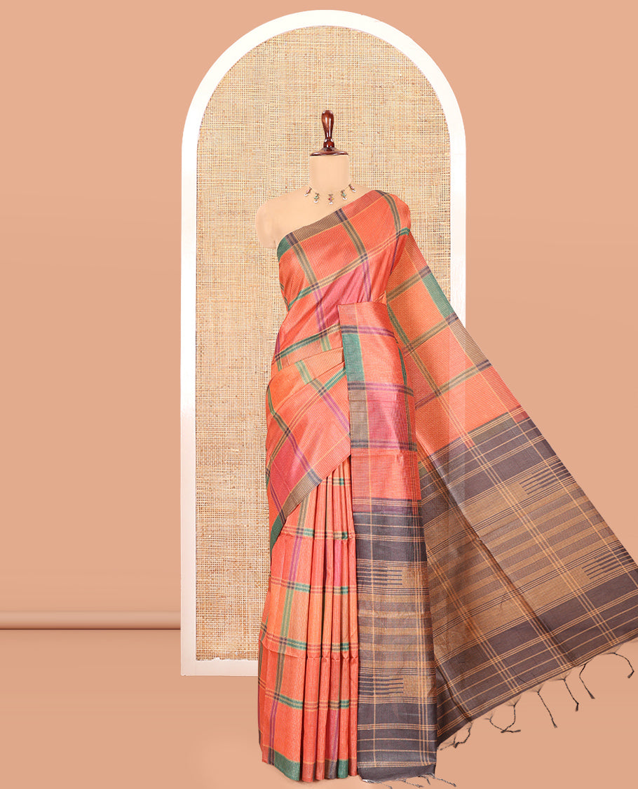 Borderless Rust Macro-Checked Katan Silk Saree, a Subtly Striped Pallu, and a Contrast Blouse