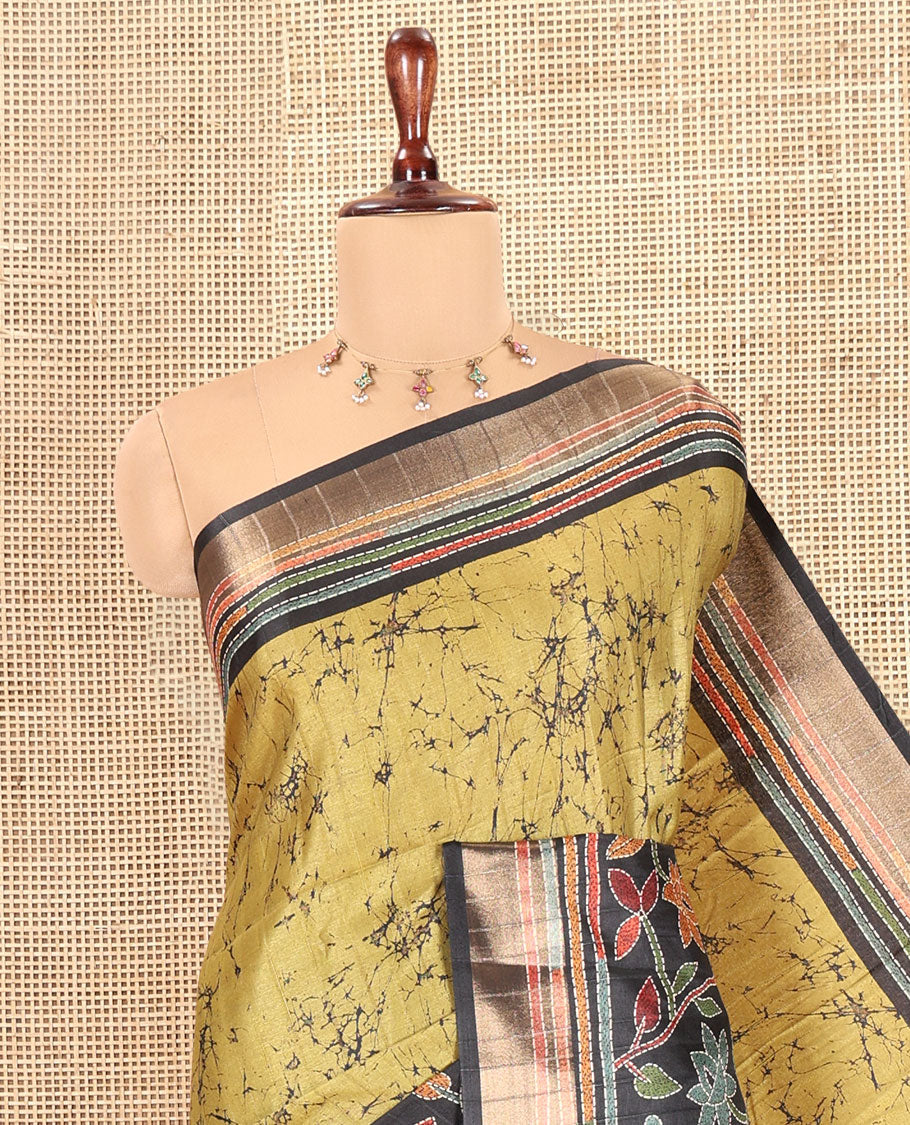 Green Katan Silk Saree, Detailed with Batik Print, a Contrast Kantha Work Border, Pallu of Floral Print and Kantha Work, and a Contrast Blouse
