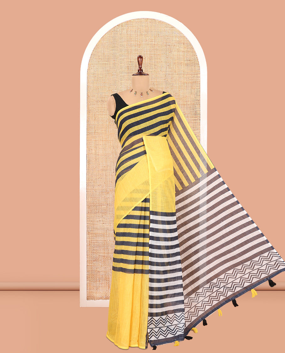 Borderless Yellow Linen Cotton Saree, Embellished with Stripes, a Self-Pallu of Stripes, and a Contrast Blouse