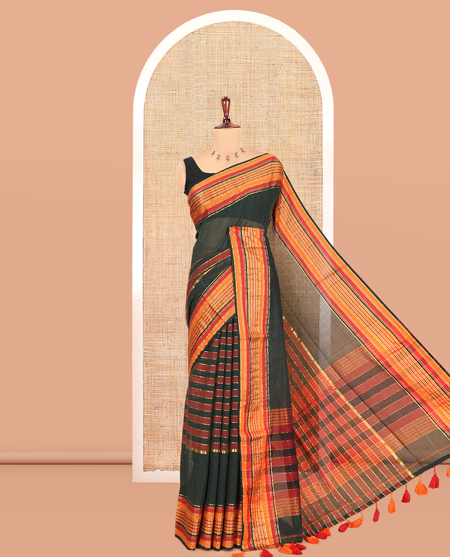 Green Striped Khadi Mul Cotton Saree, a Contrast Zari Striped Horizontal Border, and No Blouse