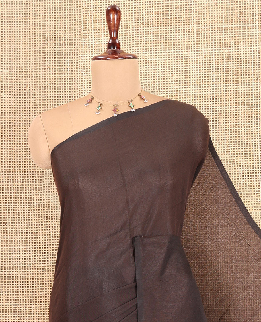 Borderless Brown Plain Khadi Cotton Saree