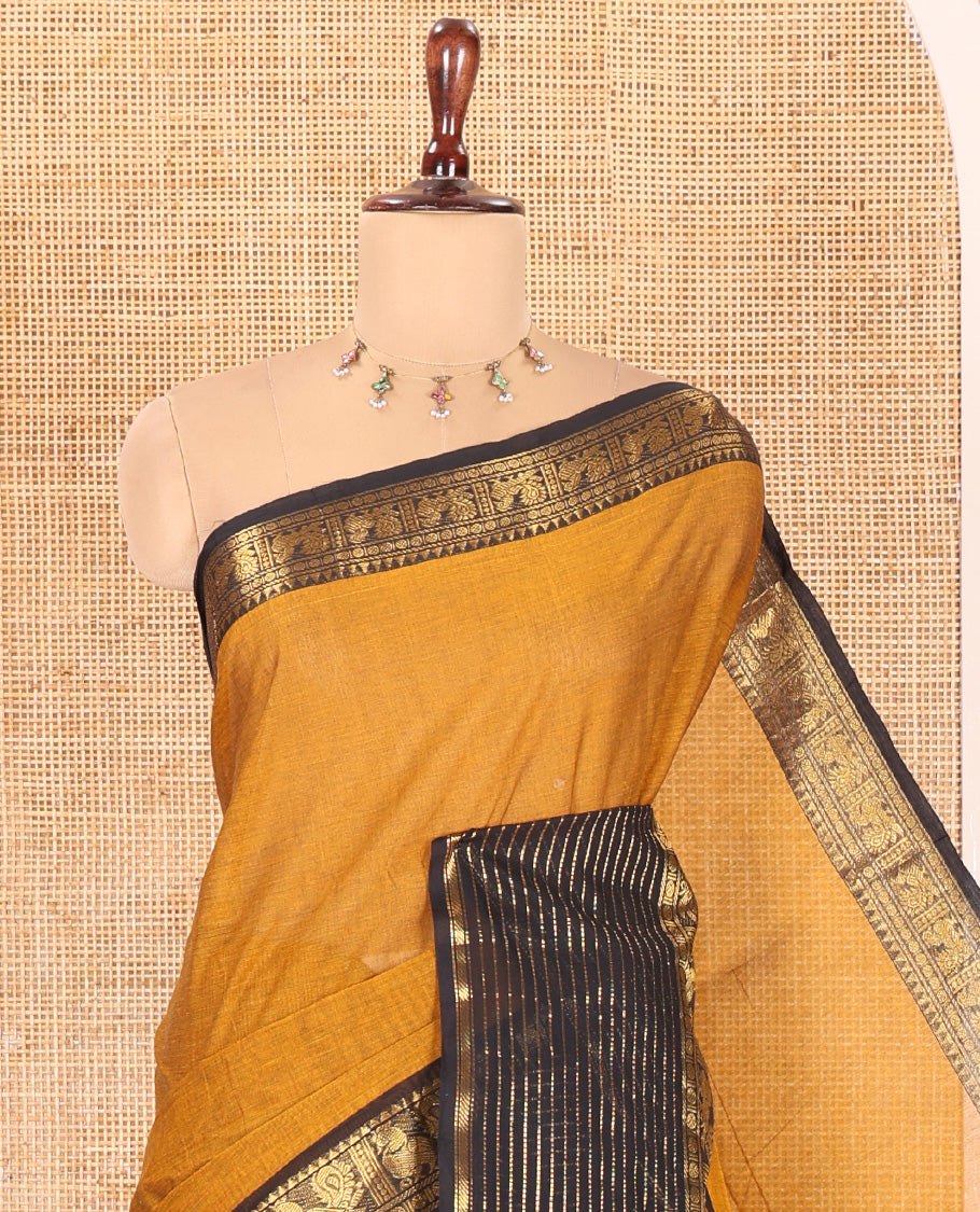 Mustard-Black Plain Chettinad Cotton Saree