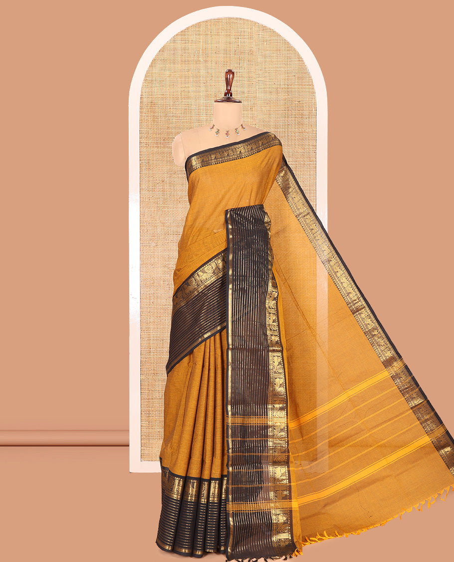 Mustard-Black Plain Chettinad Cotton Saree