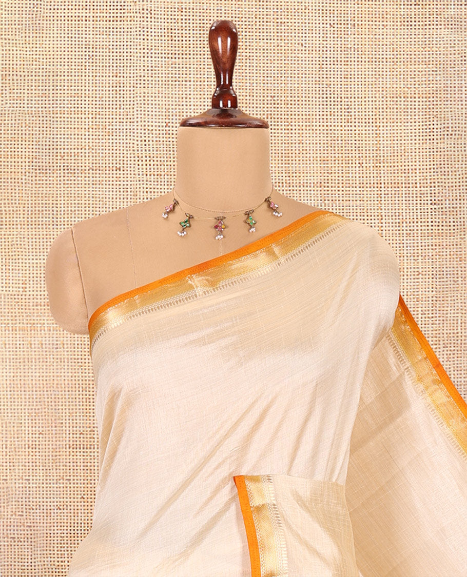 Cream-Mustard Plain Art Tussar Saree