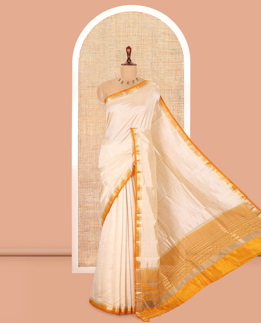 Cream-Mustard Plain Art Tussar Saree
