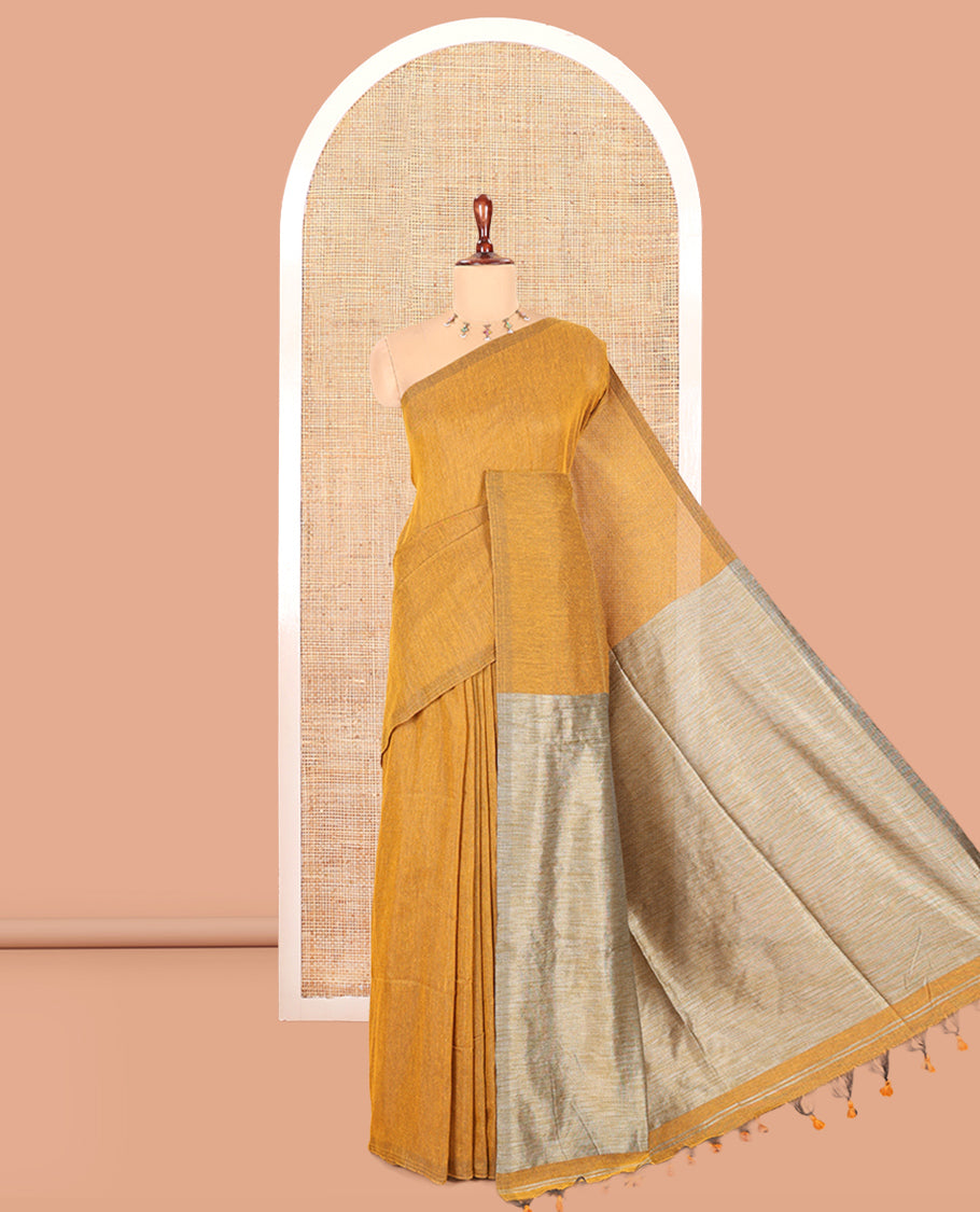 Borderless Mustard Plain Khadi Cotton Saree