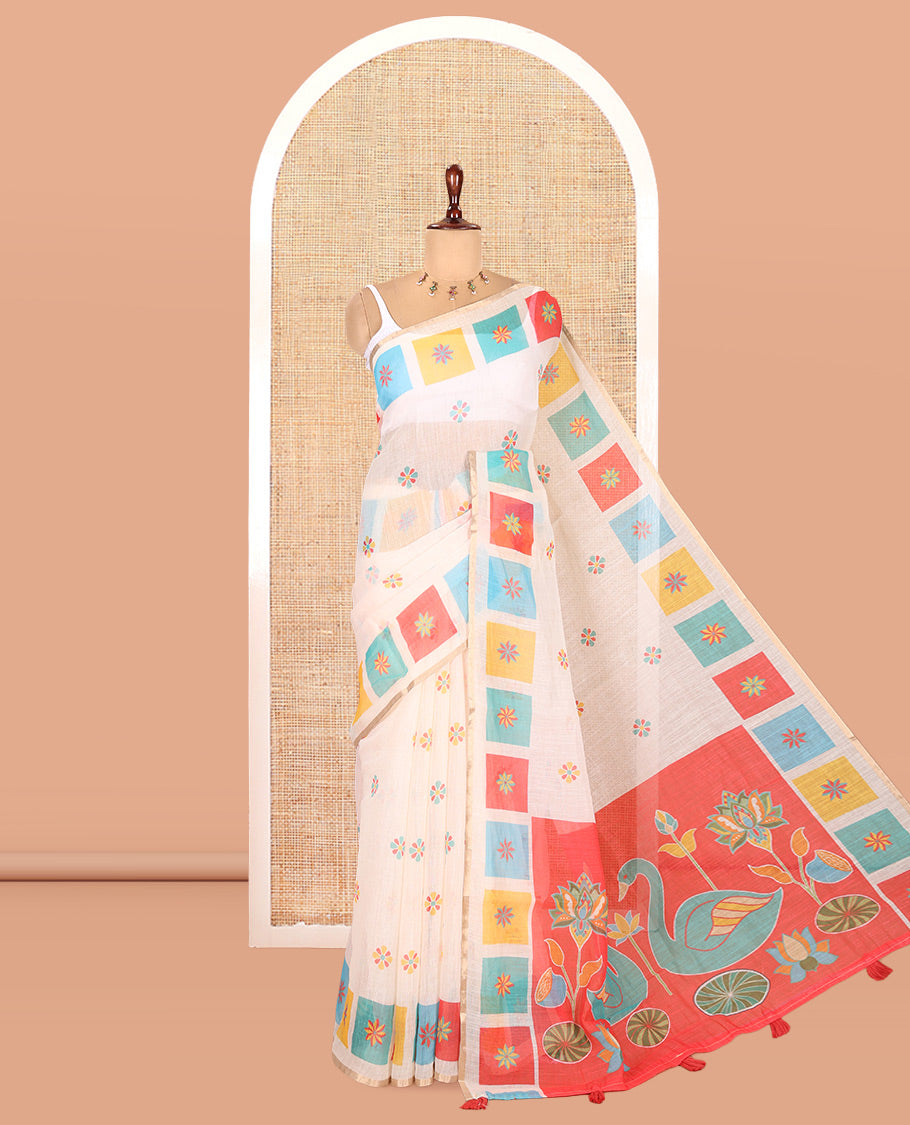 Cream-Red Linen Cotton Saree