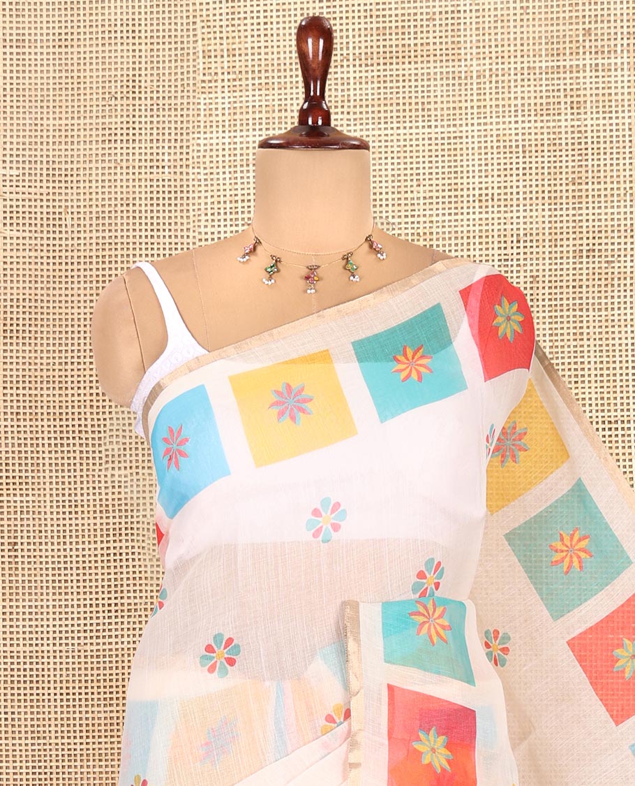Cream-Red Linen Cotton Saree