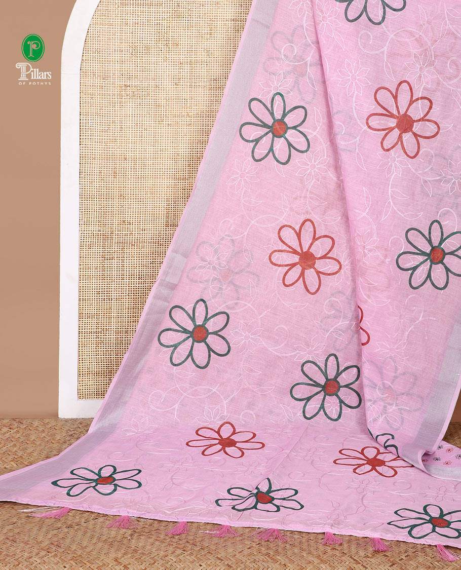 baby pink floral buttas embroidery linen saree with bhavanji border & self pallu along with butta printed blouse