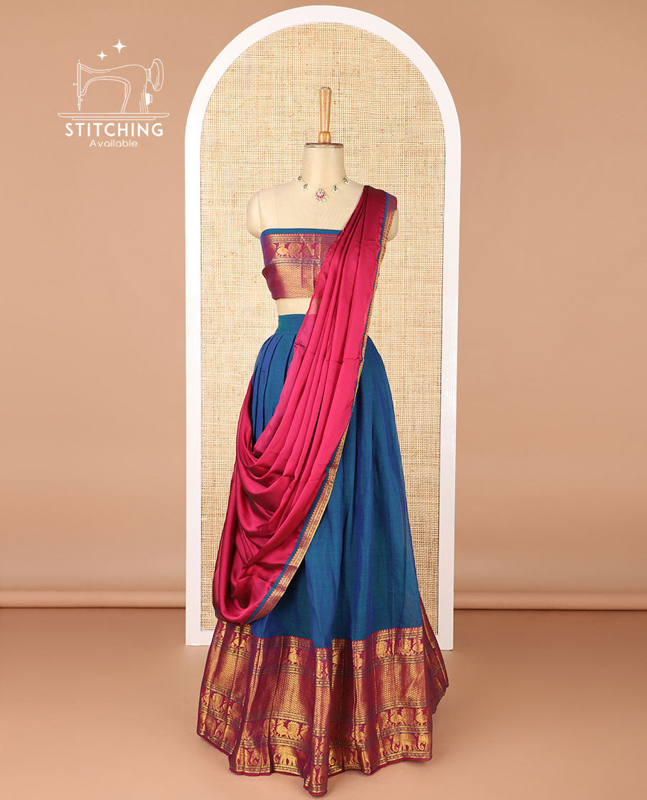 Ink blue mercerised cotton daman zari border half saree with cotton blouse & skya georgette one side zari border dhavani