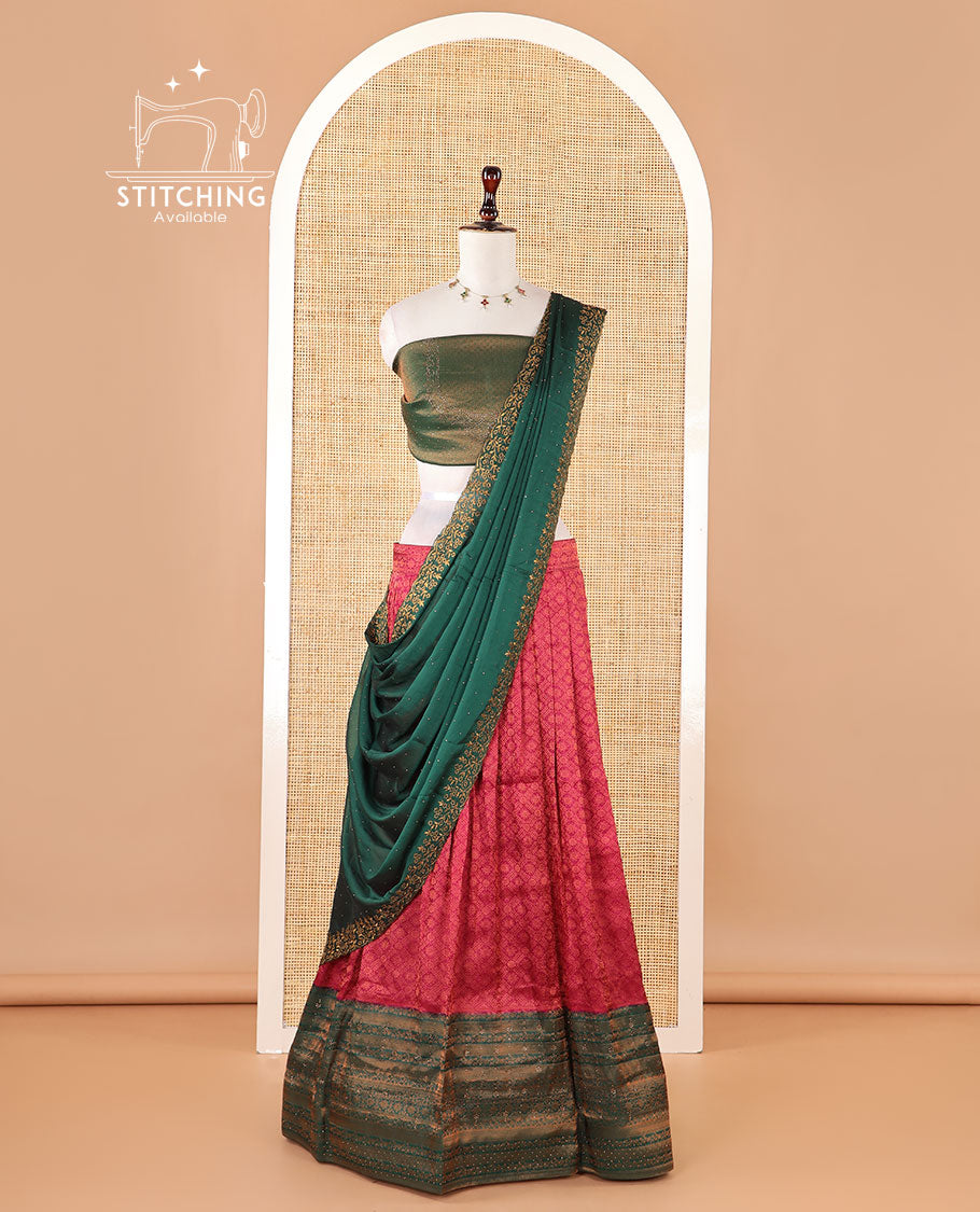 Magenta banaras softy half-saree, brocade skirt, contrast traditional border, brocade blouse & stonework scallop georgette dhavani