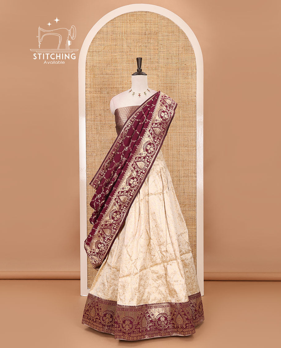 Cream-purple semi-banaras half-saree, floral jaal jacquard & contrast traditional zari border skirt, floral jacquard blouse & contrast zari design blouse