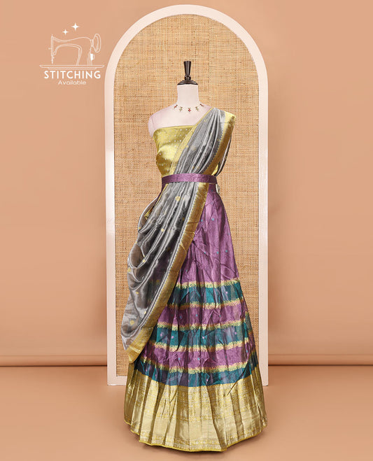 Dusky pink-liril organza half-saree, resham thread buttas & traditional motifs skirt, brocade banarasi blouse & intricate dhavani